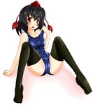  absurdres bad_id bad_pixiv_id black_hair black_legwear blush cameltoe hat highres looking_at_viewer open_mouth red_eyes school_swimsuit shameimaru_aya shiny shiny_clothes short_hair skindentation solo spread_legs swimsuit swimsuit_pull tera_hiroshi thighhighs tokin_hat touhou 