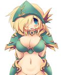  1girl aqua_eyes armor bikini_armor blonde_hair blue_eyes blush breasts cleavage fang helmet large_breasts long_hair original sakaki_(artist) sakaki_(noi-gren) smile solo wink 