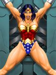  abs angry armpits arms_up bdsm big_breasts blue_eyes blue_hair bondage bound breasts dc_comics earrings female jewelry leotard long_hair muscle muscular s.y.r solo tiara wonder_woman wonder_woman_(series) 