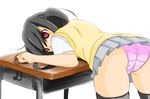  ass bent_over black_hair desk female k-on! nakano_azusa panties pink_panties school_uniform solo thighhighs twintails underwear white_background 