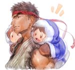  1girl 2boys black_hair blue_eyes brown_hair capcom dougi fur_trim gloves headband highres home_(houmei) hood ice_climber karate_gi male_focus multiple_boys muscle nana_(ice_climber) nintendo open_mouth popo_(ice_climber) ryuu_(street_fighter) short_hair simple_background smile street_fighter street_fighter_ii_(series) super_smash_bros. super_smash_bros._ultimate uniform winter_clothes 