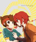  2boys brown_eyes brown_hair endou_mamoru headband inazuma_eleven inazuma_eleven_(series) kaze-hime kiyama_hiroto multiple_boys red_hair short_hair yaoi 