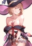  1girl bangs bare_shoulders between_breasts blonde_hair blush box breasts brown_eyes cleavage collarbone djeeta_(granblue_fantasy) dress gift gift_box gloves granblue_fantasy grin hairband hat highres looking_at_viewer medium_breasts milli_little one_eye_closed pleated_skirt purple_dress purple_hat short_hair short_sleeves simple_background skirt smile solo valentine warlock_(granblue_fantasy) white_background white_gloves white_skirt witch_hat 