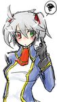  1girl arc_system_works blazblue blush boh_(pixiv422546) female genderswap gloves green_eyes heterochromia lowres ragna_the_bloodedge red_eyes red_ribbon ribbon school_uniform short_hair silver_hair simple_background solo twintails uniform white_background 