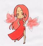  1girl boa_hancock chibi china_dress chinese_clothes dress earrings female flower high_heels jewelry long_hair one_piece red red_dress shoes side_slit simple_background solo standing 