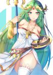  1girl bare_shoulders blush breasts green_eyes green_hair highres jewelry kid_icarus large_breasts long_hair looking_at_viewer nintendo no_panties palutena racket_ti1 simple_background smile solo super_smash_bros. super_smash_bros._ultimate thighhighs tiara very_long_hair 