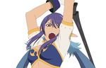  alfa_system arms_up blue_hair breasts female gloves judith lance long_hair midriff official_art open_mouth pointy_ears polearm purple_eyes simple_background solo spear tales_of_(series) tales_of_the_world_radiant_mythology_3 tales_of_vesperia weapon white_background 