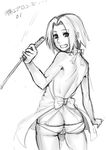  1girl apron ass back bare_back bow butt_crack cameltoe clenched_teeth from_behind grin haruno_sakura holding holding_weapon japanese konakona looking_at_viewer looking_back lowleg lowleg_panties monochrome naked_apron naruto panties short_hair sketch smile solo teeth text translation_request underwear weapon white_background 
