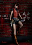  boots claire_redfield g_virus gloves gun handgun highres jacket miniskirt ponytail red_hair resident_evil resident_evil_2 resident_evil_darkside_chronicles skirt umbrella weapon 