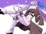  1girl commentary_request cropped_jacket eyebrows_visible_through_hair fate/extra fate/extra_ccc fate_(series) flat_chest hair_ribbon knee_spikes long_hair looking_at_viewer meltlilith navel prosthesis prosthetic_leg purple_eyes purple_hair ribbon sako_(bosscoffee) sitting sleeves_past_wrists smile solo spikes 