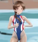  1girl blurry brown_eyes brown_hair commentary_request competition_swimsuit contrapposto cowboy_shot depth_of_field gluteal_fold hair_over_shoulder hand_on_hip highleg highleg_swimsuit highres idolmaster idolmaster_cinderella_girls long_hair looking_at_viewer low_ponytail nitta_minami one-piece_swimsuit race_queen smile solo swimsuit taka_(takahirokun) turtleneck umbrella 