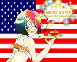  ahoge america_(hetalia) american_flag artist_request axis_powers_hetalia blue_eyes english female flag food french_fries genderswap glasses hamburger hooters soft_drink 