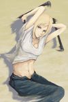  arms_up aya_brea baton blonde_hair blue_eyes breasts female long_hair midriff pants parasite_eve ripu_(vincecarter) shirt solo vincecarter white_shirt 