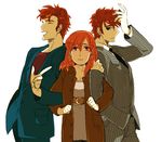  1girl 2boys belt brown_eyes brown_hair doctor_who donna_noble dual_persona earrings eyes_closed female gh_(pixiv1008102) jacket jewelry long_hair male multiple_boys necktie orange_hair red_eyes short_hair tenth_doctor the_doctor trench_coat trenchcoat 