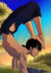  1boy barefoot beads blue_sky brown_hair earrings fingerless_gloves flexible gloves grass hip_vent inuyasha jewelry lowres male male_focus miroku monk muscle outdoors ponytail prayer_beads shirtless sky solo stretch tree 