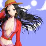  amazon_lily black_hair boa_hancock breasts cleavage earrings female hat jewelry long_hair midriff navel one_piece shichibukai straw_hat wind 