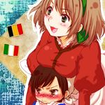  :3 axis_powers_hetalia belgium_(hetalia) blonde_hair blush brown_hair embarrassed green_eyes headband short_hair smile south_italy_(hetalia) southern_italy_(hetalia) 