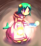  female final_fantasy full_body gijinka girl green_hair hair_ornament hood knife lantern monster orange_eyes personification robe short_hair solo suizennji tail tonberry unnonan 