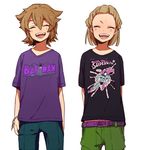  2boys batman batman_(series) blonde_hair dc_comics dylan_keith inazuma_eleven inazuma_eleven_(series) laugh laughing male male_focus mark_kluger mark_kruger multiple_boys shirt superman t-shirt tshirt 