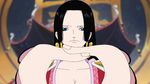  1girl amazon_lily black_hair blue_eyes boa_hancock breasts cleavage earrings female jewelry long_hair one_piece red_shirt shichibukai shirt solo 