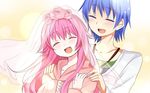  1boy 1girl bad_id blue_hair character_request copyright_request eyes_closed flower girl highres long_hair male open_mouth pink_hair rose roses smile tsukudani_norio 