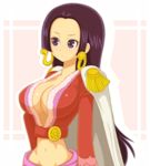  1girl amazon_lily black_hair boa_hancock breasts cape cleavage earrings epaulettes female jewelry long_hair midriff mojanosuke navel one_piece shichibukai solo 