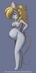  2011 anthro areola blonde_hair blue_eyes breasts conditional_dnp elizabeth_black eyewear female fur glasses grey_fur hair jay_naylor mammal mouse nipples nude pince-nez pregnant rodent side_view simple_background solo standing url 