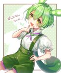  1girl :3 commentary edamame_(food) green_hair green_suspenders hair_between_eyes hand_on_hip hand_up looking_at_viewer open_mouth orange_eyes pointing pointing_to_the_side puffy_short_sleeves puffy_shorts puffy_sleeves shirt short_sleeves shorts solo suspenders tears. translated voicevox white_shirt zundamon 