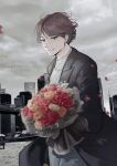  1boy black_coat bouquet brown_hair building city cloud cloudy_sky coat flower grey_sky haikyuu!! highres holding hq_yunak long_sleeves looking_at_viewer male_focus oikawa_tooru_(haikyuu!!) orange_flower orange_rose red_flower red_rose rose short_hair sky solo standing sweater white_sweater yellow_flower yellow_rose 