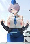  1girl against_glass anming blue_eyes blush breast_press breasts brid_(nikke) goddess_of_victory:_nikke grey_hair highres holographic_interface large_breasts one_eye_covered short_hair solo 