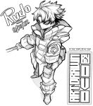  1boy absurdres gachiakuta gloves greyscale highres holding holding_weapon hood hoodie looking_at_viewer looking_up monochrome ovotheartist_(kidddovo) puffy_pants ringed_eyes rudo_(gachiakuta) short_hair simple_background sleeves_rolled_up solo spiked_hair weapon white_background white_hair 
