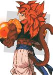  absurdres biceps blue_eyes body_fur brown_fur dragon_ball dragon_ball_(object) dragon_ball_gt fusion_dance gogeta highres metamoran_vest monkey_boy monkey_tail obi pants red_hair relio_db318 sash spiked_hair super_saiyan super_saiyan_4 tail white_pants wristband 