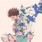  1boy 2022 aoba_johsai_volleyball_uniform aqua_shorts blue_flower blue_rose brown_hair character_name closed_eyes dated english_commentary flower haikyuu!! knee_pads kneeling leaf male_focus oikawa_tooru_(haikyuu!!) rose shirt short_hair short_sleeves shorts solo syurei white_shirt 