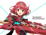  1girl aegis_sword_(xenoblade) bangs black_gloves breasts chest_jewel earrings f_1chan fingerless_gloves gloves jewelry large_breasts pyra_(xenoblade) red_eyes red_hair short_hair solo swept_bangs sword tiara weapon xenoblade_chronicles_(series) xenoblade_chronicles_2 