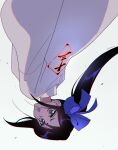  1girl black_hair bleach blush breasts hair_between_eyes highres japanese_clothes kuchiki_rukia long_hair long_sleeves looking_at_viewer okihana open_mouth purple_eyes shinigami side_ponytail small_breasts solo white_background 