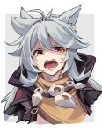  1boy animal_ears fangs fox_ears genshin_impact grey_hair hair_between_eyes highres hood lalazyt male_focus open_mouth razor_(genshin_impact) red_eyes scar scar_on_face tongue 