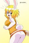  ambiguous_gender anthro blonde_hair breasts butt carrot_(one_piece) clothed clothing dress duo female female/ambiguous fur genitals hair hand_on_dress hi_res human lagomorph leporid mammal one_piece peek pussy rabbit rickamv solo_focus spying surprised_expression tail teeth white_body white_fur 