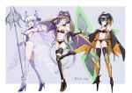 3girls black_hair blonde_hair blue_eyes brown_eyes brown_hair character_request chaya_mago choker commentary_request cosplay detached_sleeves duel_monster full_body fuuma_shuriken gloves gradient_hair green_eyes harpy high_heels holding holding_polearm holding_shuriken holding_weapon horns i:p_masquerena lovely_labrynth_of_the_silver_castle monster_girl multicolored_hair multiple_girls one_eye_closed pointy_ears polearm revealing_clothes s-force_rappa_chiyomaru shoes sneakers spear thighhighs tongue tongue_out weapon white_gloves white_hair winged_arms wings yu-gi-oh! yu-gi-oh!_duel_monsters 
