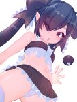  1girl backbeako backbeard bikini black_hair black_ribbon black_skirt eyes_visible_through_hair frilled_bikini frilled_ribbon frilled_skirt frills gegege_no_kitarou hair_over_one_eye hair_ribbon highres long_hair looking_at_viewer looking_down navel one_eye_closed open_mouth original panties red_eyes ribbon simple_background skirt solo swimsuit thighhighs torotei twintails underwear waving white_background white_panties white_thighhighs 