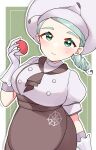  1girl absurdres apron beret breasts brown_apron brown_jabot buttons chef_hat chef_uniform double-breasted gateau_scr gloves green_background green_eyes hat highres holding holding_poke_ball katy_(pokemon) large_breasts light_green_hair mole mole_on_cheek poke_ball poke_ball_(basic) pokemon pokemon_(game) pokemon_sv puffy_short_sleeves puffy_sleeves short_hair short_sleeves side_ponytail smile solo spider_web_print thick_eyebrows waist_apron white_gloves white_headwear 