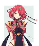  1girl bangs breasts chest_jewel earrings highres jewelry large_breasts mochimochi_(xseynao) pyra_(xenoblade) red_eyes red_hair short_hair simple_background solo swept_bangs tiara white_background xenoblade_chronicles_(series) xenoblade_chronicles_2 