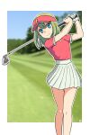  1girl arms_up bangs blue_eyes blue_sky blurry blurry_background breasts closed_mouth commentary day depth_of_field feet_out_of_frame gloves golf_club grass green_hair grey_gloves grey_skirt hair_between_eyes highres holding muu_(mumumer) original outline pleated_skirt red_headwear red_shirt shirt short_sleeves single_glove skirt sky small_breasts smile solo standing tree visor_cap white_outline yunomiya_agari 