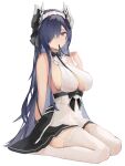  1girl absurdres apron august_von_parseval_(azur_lane) august_von_parseval_(the_conquered_unhulde)_(azur_lane) azur_lane bare_shoulders blue_eyes blue_hair breasts clothing_cutout curled_horns hair_over_one_eye hand_up highres horns large_breasts maid_headdress mechanical_horns mouth_hold official_alternate_costume one_eye_covered ribbon ribbon_in_mouth seiza sitting sleeveless thighhighs two-tone_dress underboob_cutout white_apron white_background white_garter_straps white_thighhighs ykuu_yousei 