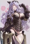  1girl absurdres armor axe battle_axe black_armor black_panties blush bodice breasts camilla_(fire_emblem) cleavage fire_emblem fire_emblem_fates fire_emblem_warriors gloves hair_over_one_eye highres large_breasts long_hair looking_at_viewer open_mouth panties purple_eyes purple_hair smile sobasakuhin solo thighs tiara underwear very_long_hair wavy_hair weapon 