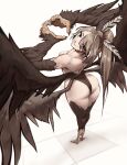  1girl absurdres ahoge ass bangs bird_legs black_eyes brown_hair feather_hair_ornament feathered_wings feathers hair_ornament hairclip harpy heart heart_hands highres hololive hololive_english long_hair looking_at_viewer monster_girl multicolored_hair nanashi_mumei ponytail smile solo streaked_hair talons timinybillybob very_long_hair virtual_youtuber winged_arms wings 