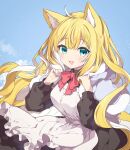  1girl ahoge animal_ear_fluff animal_ears apron aqua_eyes bangs black_dress blonde_hair blush bow capelet colored_inner_hair cowboy_shot dress fangs fingernails fox_ears fox_girl fur_trim fuwafuwa-chan_(kamiyoshi_rika) hair_between_eyes highres kamiyoshi_rika long_hair looking_at_viewer maid maid_apron multicolored_hair open_mouth original red_bow sky smile solo very_long_hair wavy_hair 