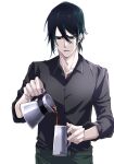  1boy belt black_hair black_skirt bleach closed_mouth collarbone collared_shirt cup dress_shirt green_eyes hair_between_eyes highres hishui_prpr holding holding_cup pouring shirt simple_background skirt ulquiorra_cifer white_background 