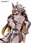  4_fingers anthro black_nose black_sclera brown_body brown_fur bulge canid canine canis clothing fingers fur green_eyes hi_res holding_object jackal jockstrap lifewonders male mammal petadodu seth_(tas) simple_background solo striped_body striped_fur stripes tokyo_afterschool_summoners underwear video_games 