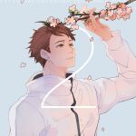  1boy 2022 branch brown_eyes brown_hair character_name cherry_blossoms dated earbuds earphones english_text haikyuu!! holding holding_branch jacket kyoii long_sleeves male_focus oikawa_tooru_(haikyuu!!) parted_lips petals shirt short_hair solo white_jacket 
