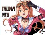  1girl :p antenna_hair bangs barbed_wire black_choker black_gloves blonde_hair breasts character_name choker cleavage danganronpa_(series) danganronpa_v3:_killing_harmony fingerless_gloves gloves goggles goggles_on_head hand_on_hip iruma_miu kirara_(kiraronpa) large_breasts long_hair long_sleeves o-ring pink_shirt pink_skirt pleated_skirt sailor_collar shirt skirt solo teeth tongue tongue_out white_sailor_collar 